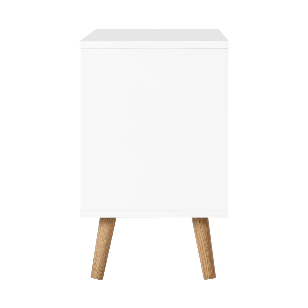 Artiss Bedside Table in white with two drawers and splayed legs, showcasing Scandinavian-inspired design.