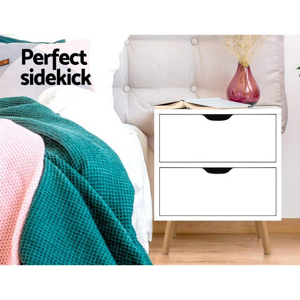 Artiss Bedside Table in white with two drawers and splayed legs, showcasing Scandinavian-inspired design.