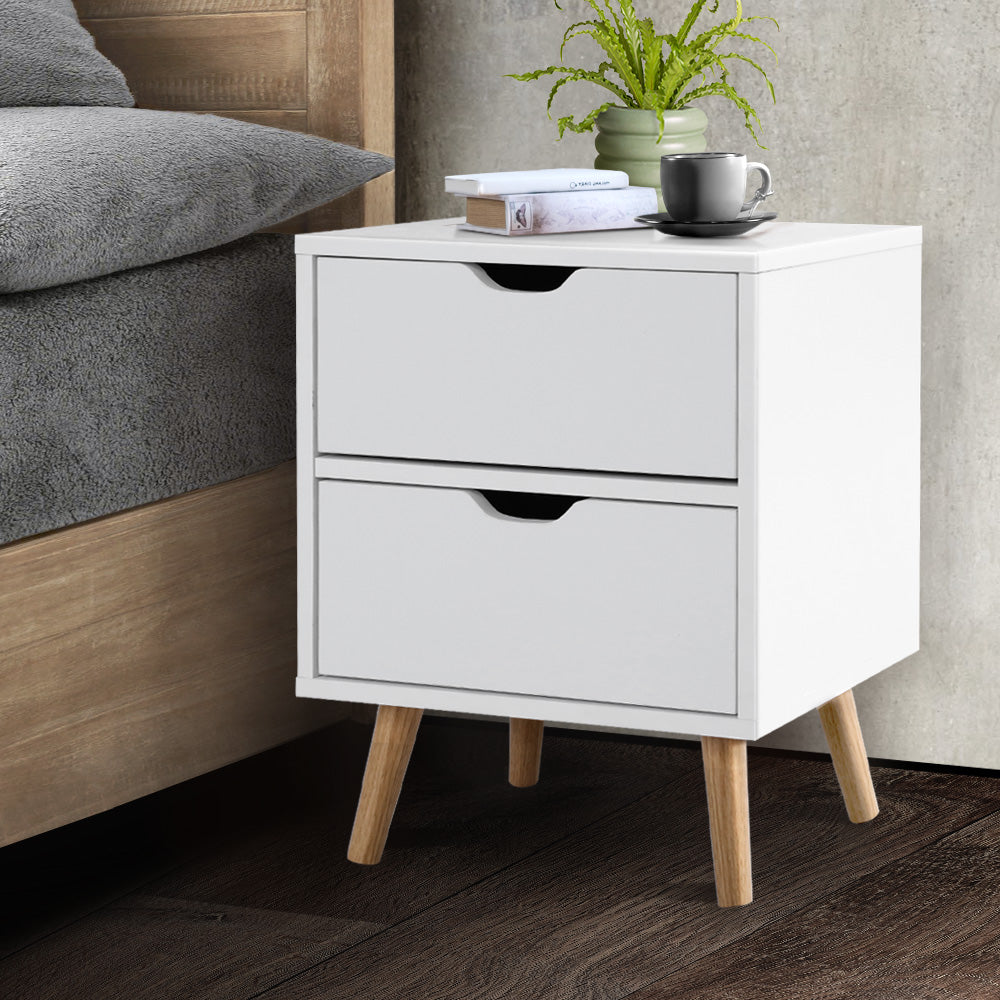 Artiss Bedside Table in white with two drawers and splayed legs, showcasing Scandinavian-inspired design.