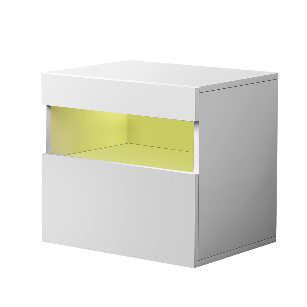 Artiss LED bedside table with RGB lighting, modern design, and high-gloss finish, featuring a spacious drawer and open shelf.