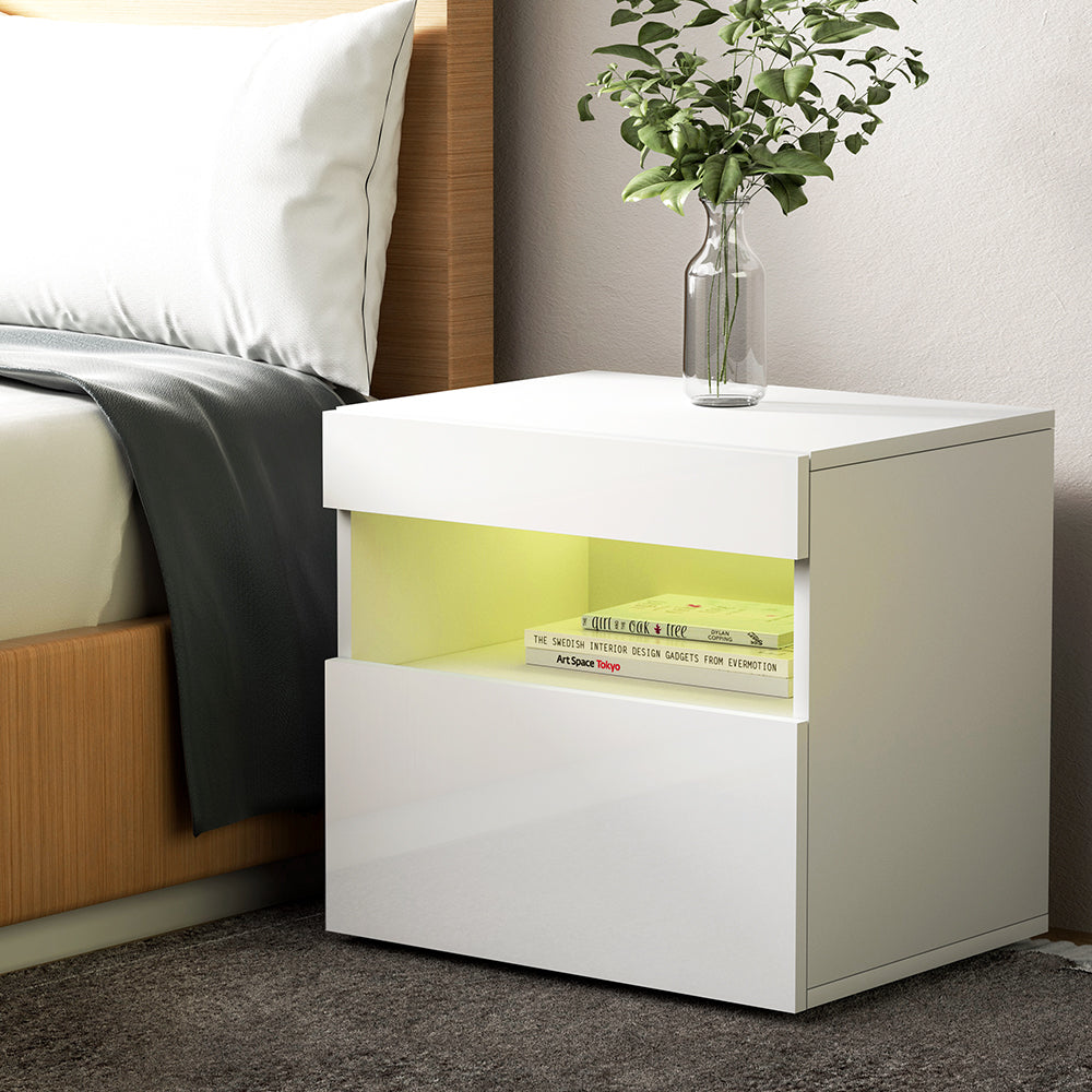 Artiss LED bedside table with RGB lighting, modern design, and high-gloss finish, featuring a spacious drawer and open shelf.