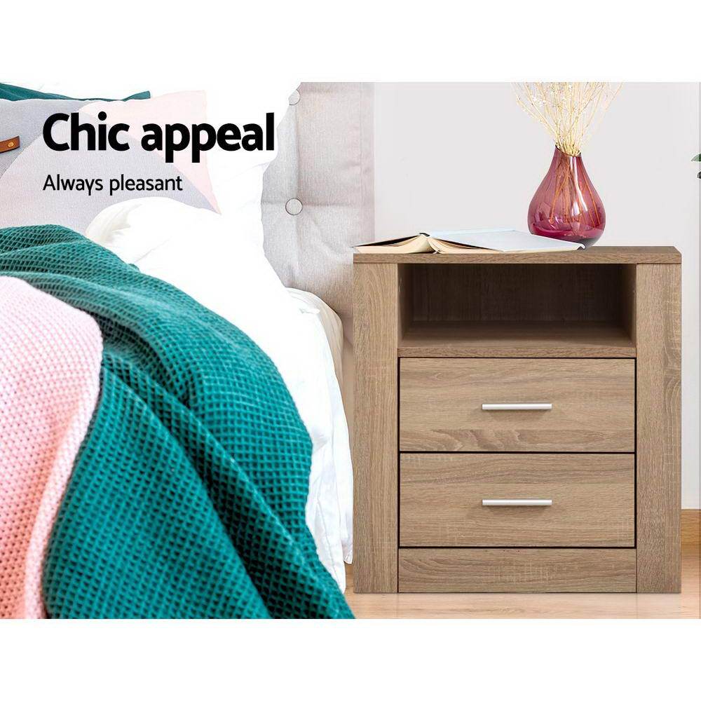 Artiss Bedside Table in oak finish featuring two drawers and an open shelf, designed for stylish storage in modern interiors.