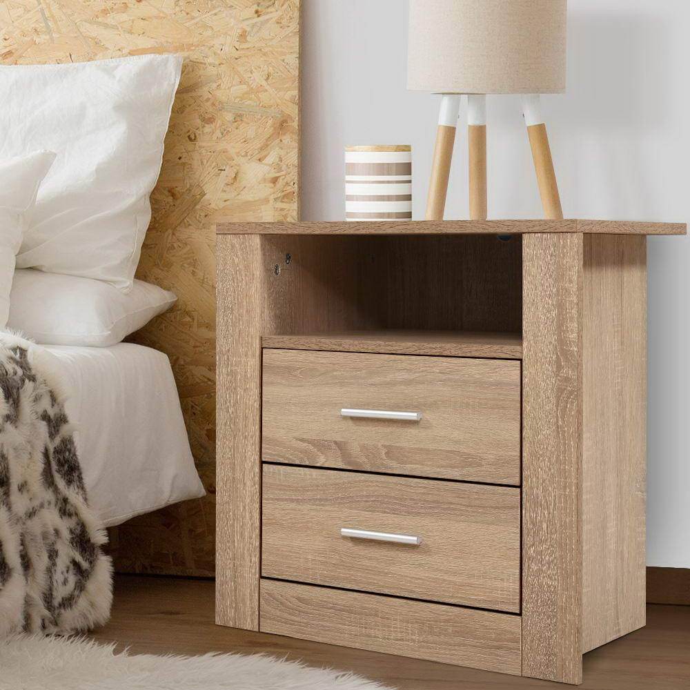 Artiss Bedside Table in oak finish featuring two drawers and an open shelf, designed for stylish storage in modern interiors.