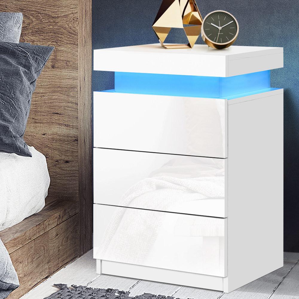 Artiss Bedside Table with RGB LED lights and three drawers, showcasing a modern high gloss finish in white.