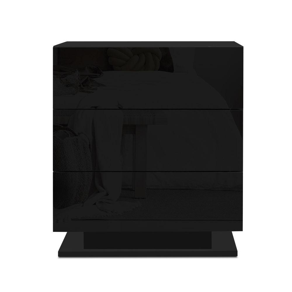 Artiss Bedside Table with RGB LED Lamp, featuring three drawers and a modern design in black finish.