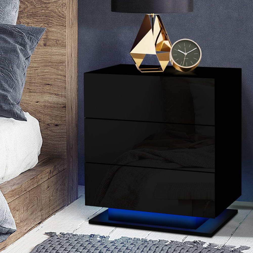 Artiss Bedside Table with RGB LED Lamp, featuring three drawers and a modern design in black finish.