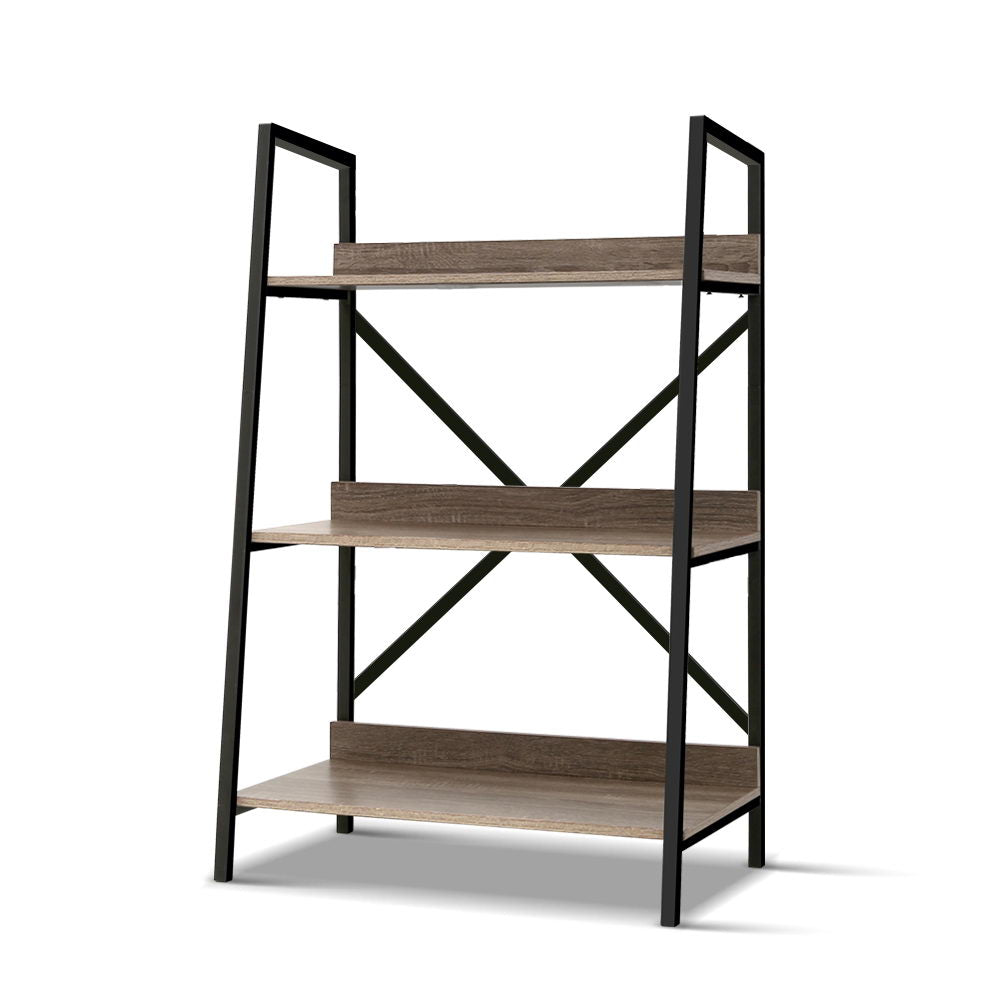 Artiss 3-Tier Metal Bookcase featuring oak wood grain shelves and a black powder-coated metal frame, ideal for displaying books and collectibles.