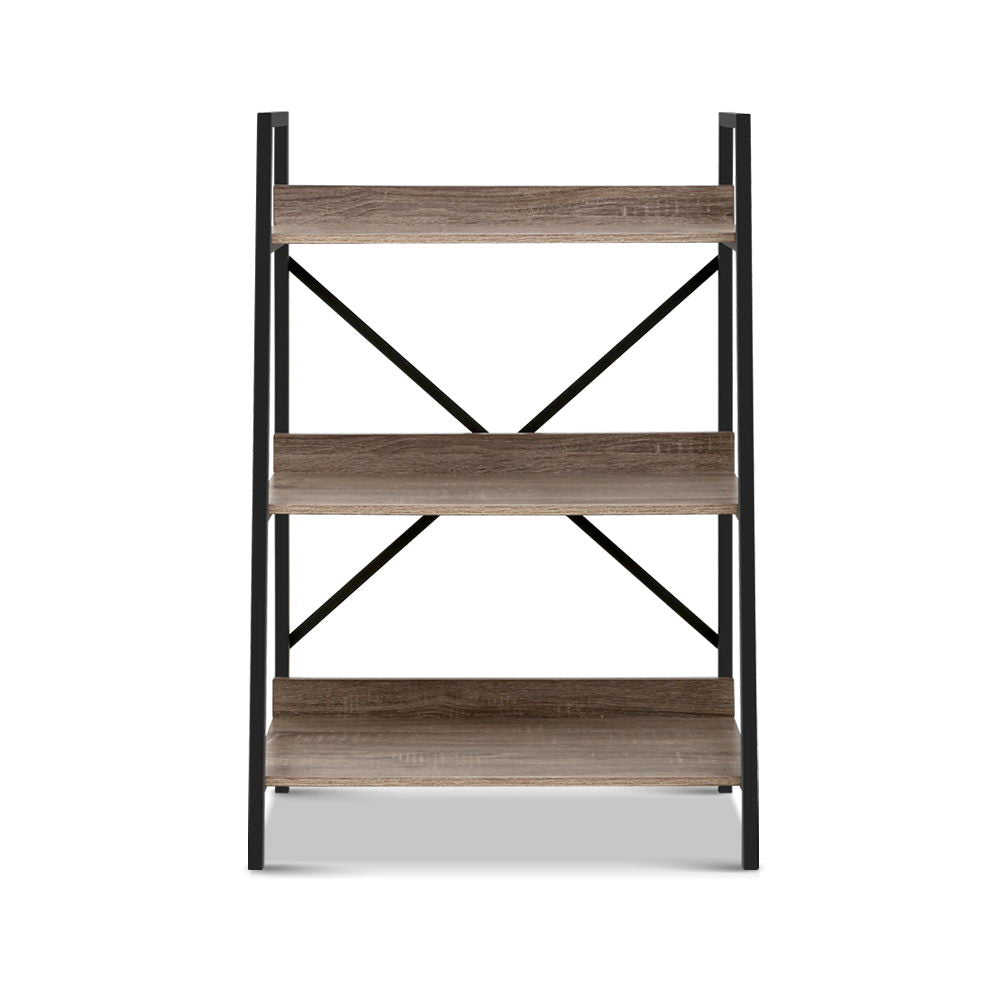 Artiss 3-Tier Metal Bookcase featuring oak wood grain shelves and a black powder-coated metal frame, ideal for displaying books and collectibles.