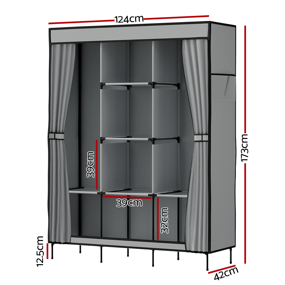 Artiss Clothes Wardrobe in grey, featuring a sturdy metal frame and non-woven fabric, designed for efficient storage with adjustable panels.