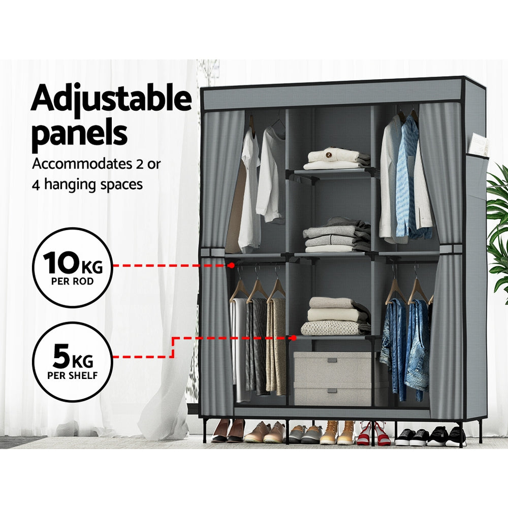 Artiss Clothes Wardrobe in grey, featuring a sturdy metal frame and non-woven fabric, designed for efficient storage with adjustable panels.