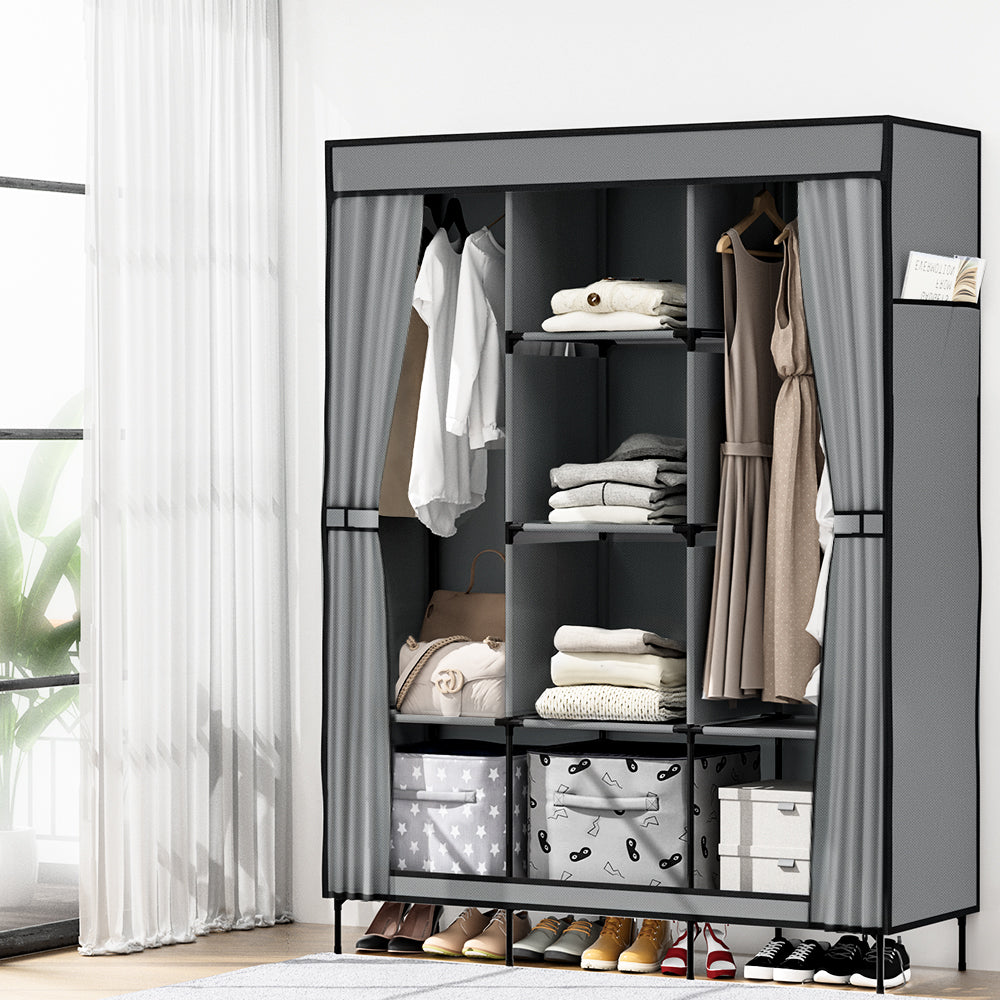 Artiss Clothes Wardrobe in grey, featuring a sturdy metal frame and non-woven fabric, designed for efficient storage with adjustable panels.