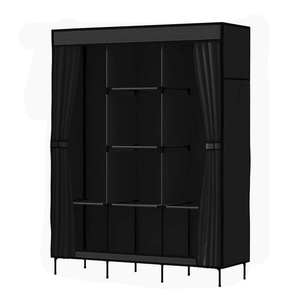 Artiss Clothes Wardrobe Closet Storage in black, featuring a sturdy metal frame and non-woven fabric design with hanging rods and side pockets.