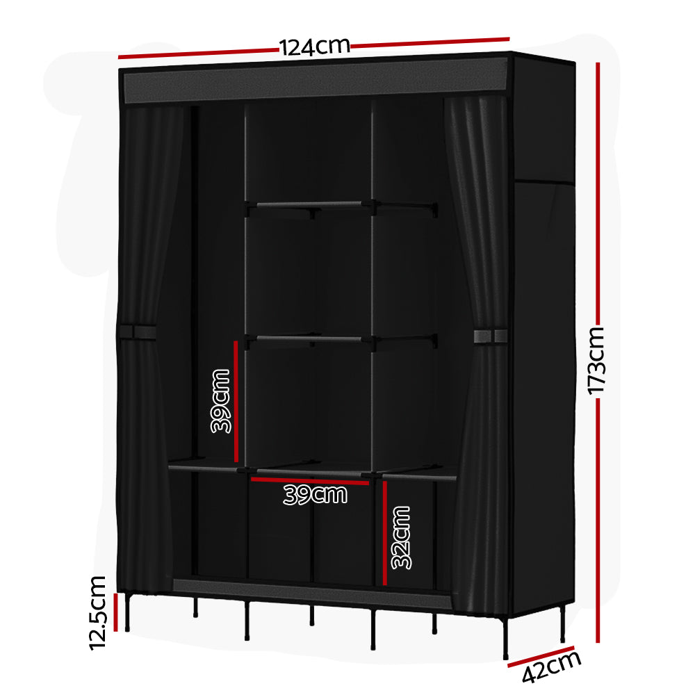 Artiss Clothes Wardrobe Closet Storage in black, featuring a sturdy metal frame and non-woven fabric design with hanging rods and side pockets.