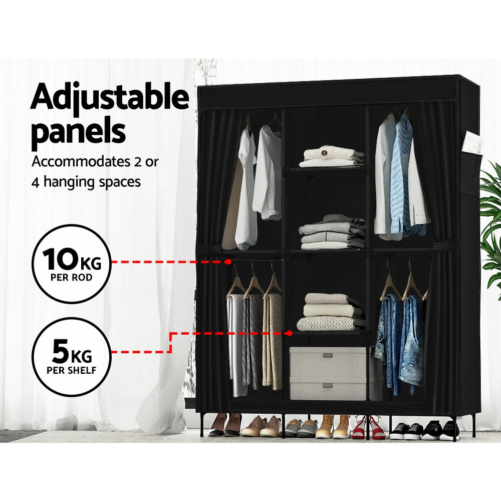 Artiss Clothes Wardrobe Closet Storage in black, featuring a sturdy metal frame and non-woven fabric design with hanging rods and side pockets.