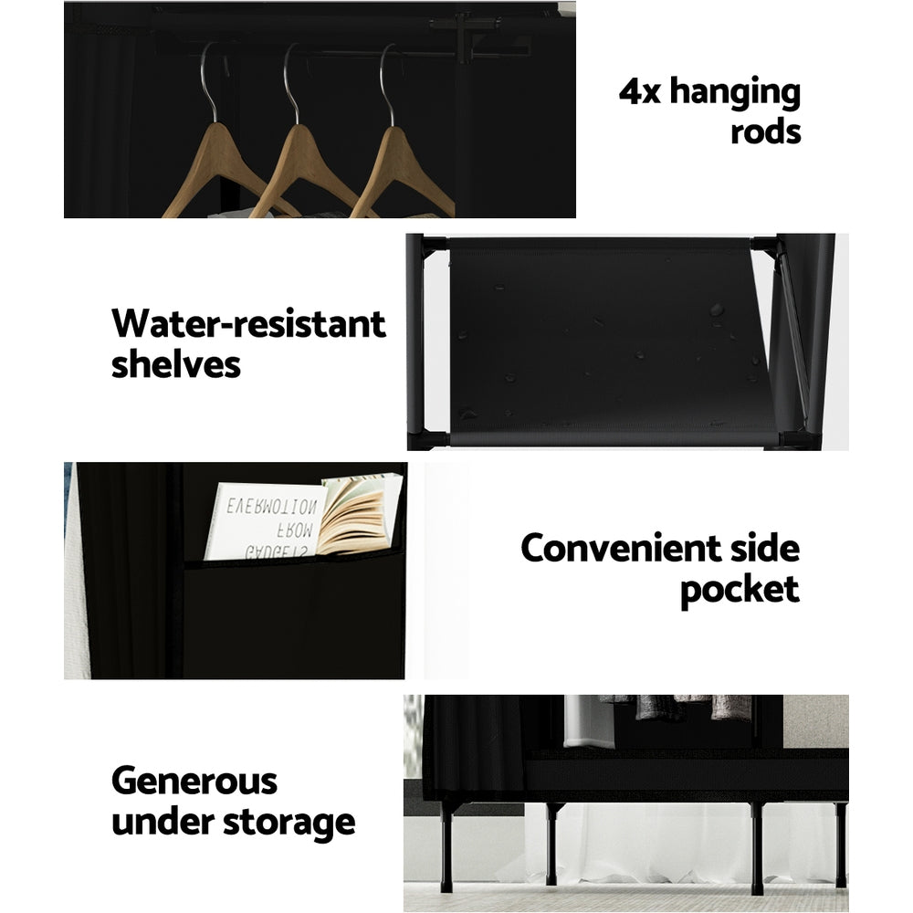 Artiss Clothes Wardrobe Closet Storage in black, featuring a sturdy metal frame and non-woven fabric design with hanging rods and side pockets.