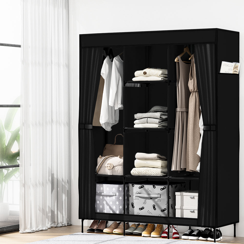 Artiss Clothes Wardrobe Closet Storage in black, featuring a sturdy metal frame and non-woven fabric design with hanging rods and side pockets.