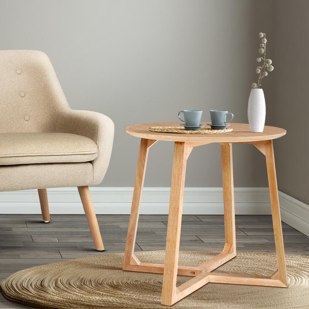 Artiss Coffee Table featuring a round plywood top and solid rubber wood legs, showcasing a modern design with smooth edges and anti-slip feet.