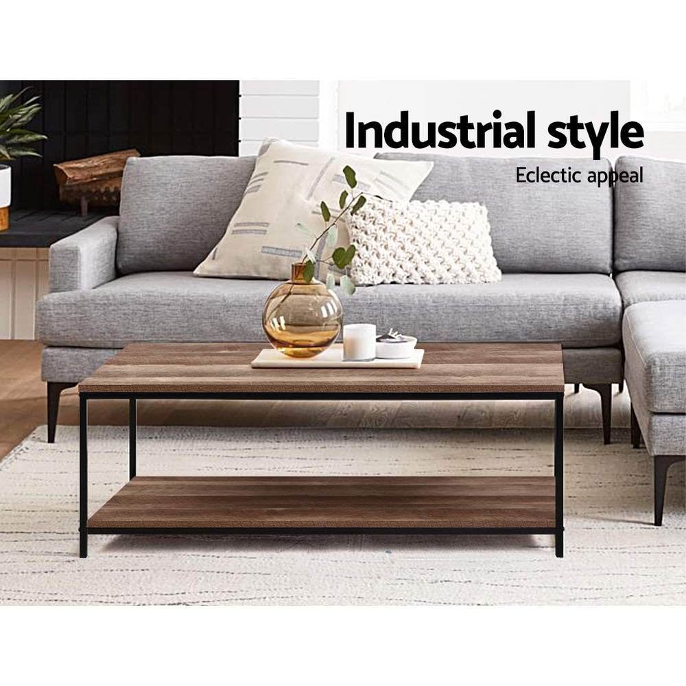 Artiss Coffee Table featuring a rustic vintage design with a dark wood top and black metal frame, showcasing open shelf storage.