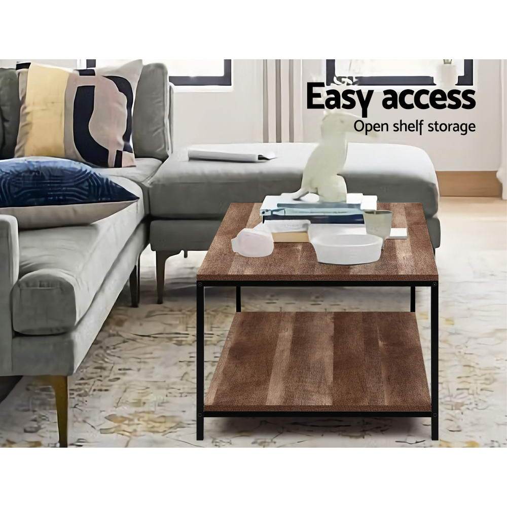 Artiss Coffee Table featuring a rustic vintage design with a dark wood top and black metal frame, showcasing open shelf storage.