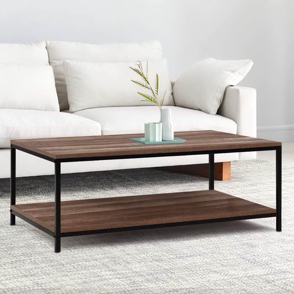 Artiss Coffee Table featuring a rustic vintage design with a dark wood top and black metal frame, showcasing open shelf storage.