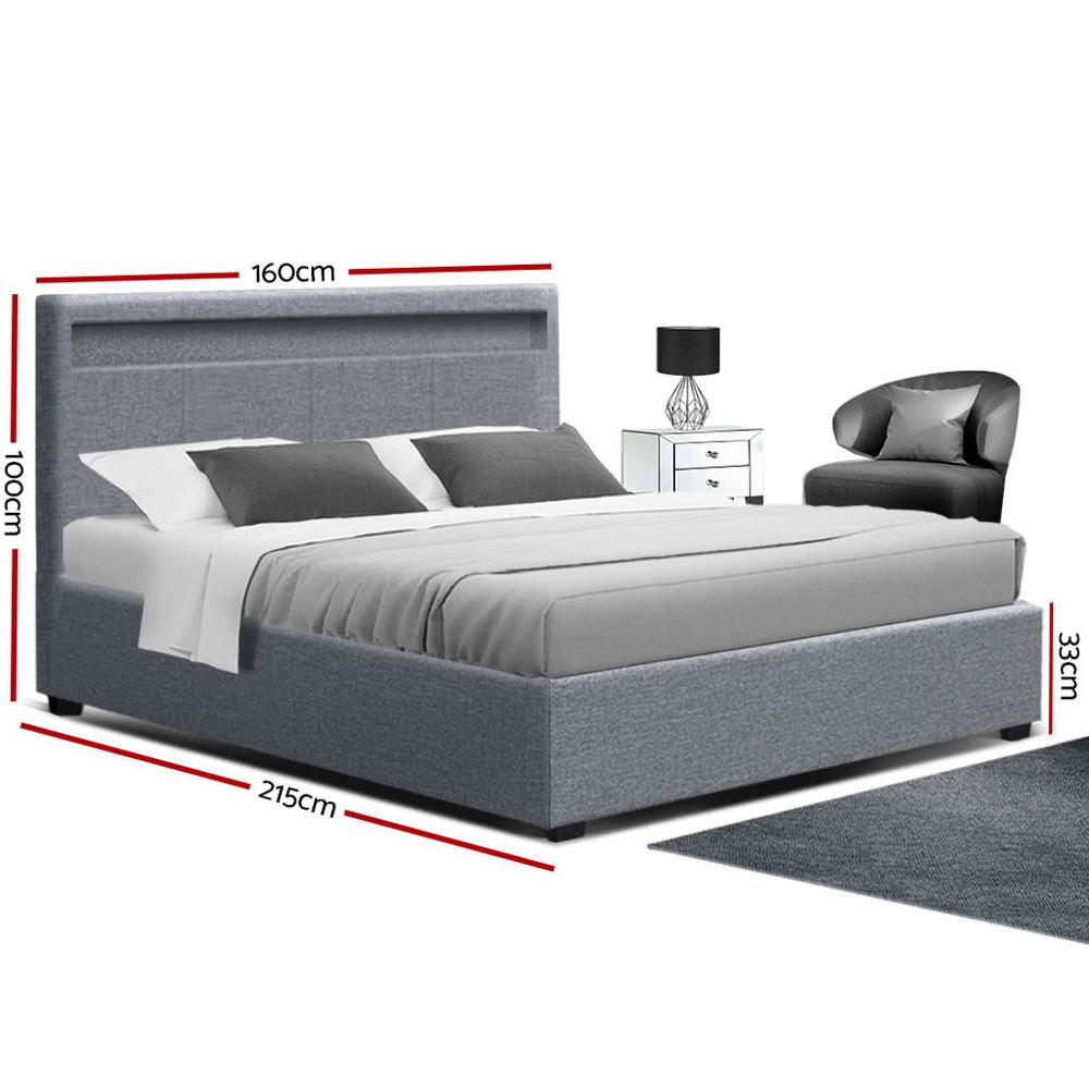 Artiss Cole LED Bed Frame in grey with gas lift storage and LED headboard lighting, showcasing modern design and comfort.