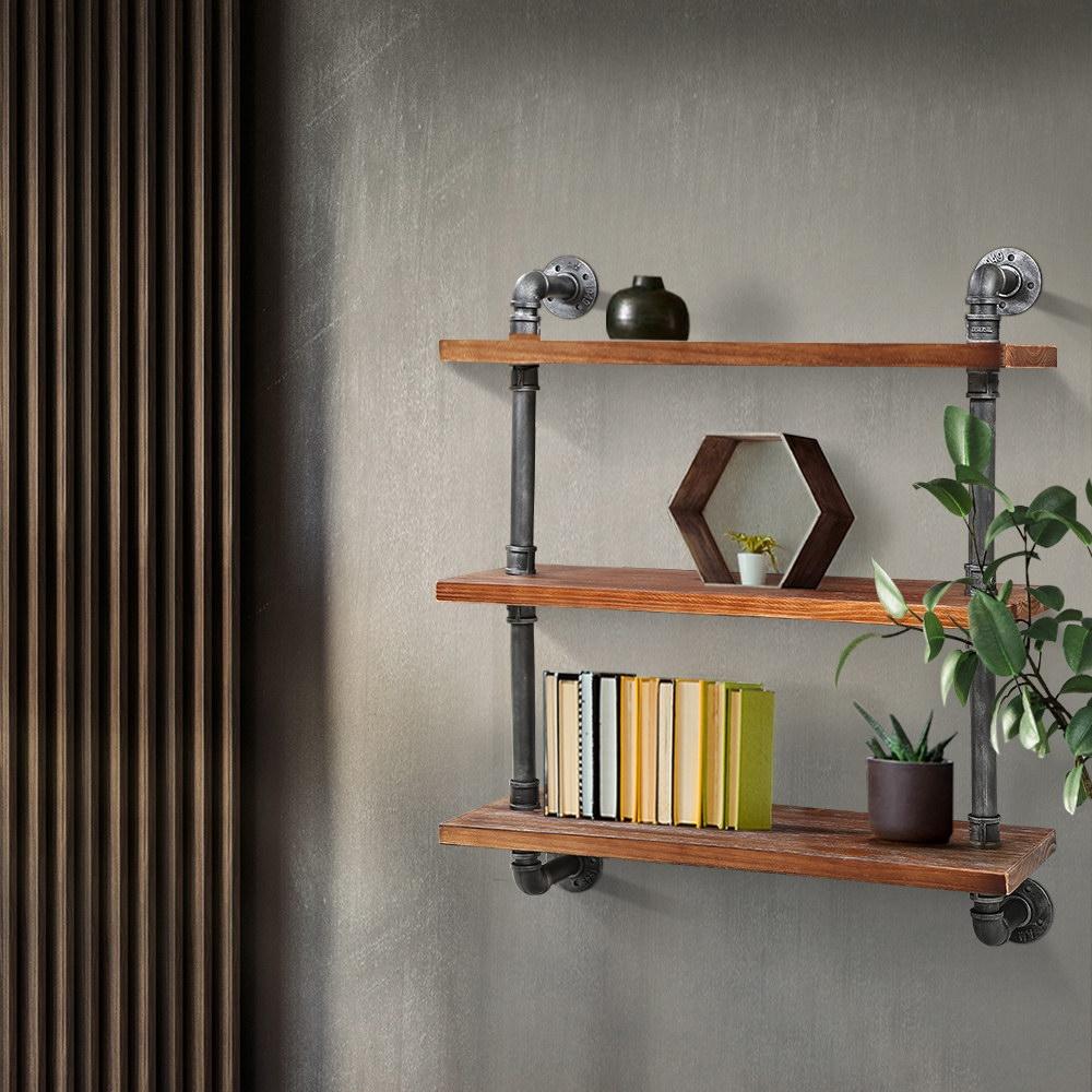 Artiss Display Shelves featuring rustic industrial design with three levels made of metal pipes and solid timber, ideal for home or office use.