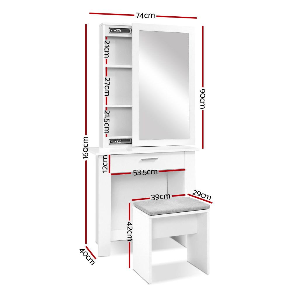 Artiss Dressing Table Set featuring a sliding mirror, spacious drawer, and well-padded stool in a sleek white finish.