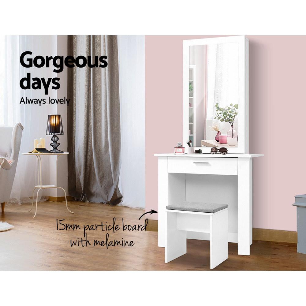 Artiss Dressing Table Set featuring a sliding mirror, spacious drawer, and well-padded stool in a sleek white finish.