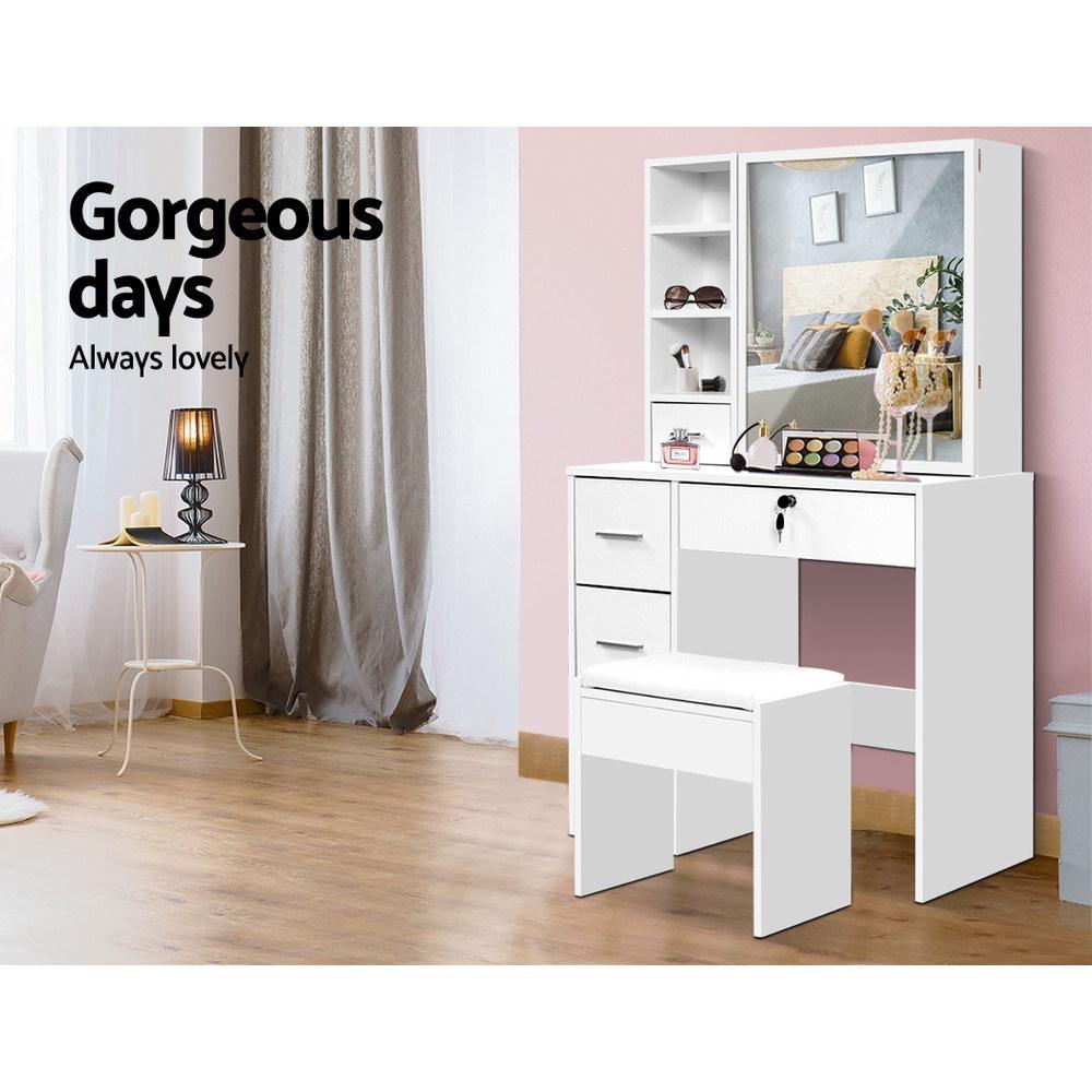 Artiss Dressing Table Set featuring a sliding mirror, spacious drawers, and a well-padded stool in a sleek white finish.