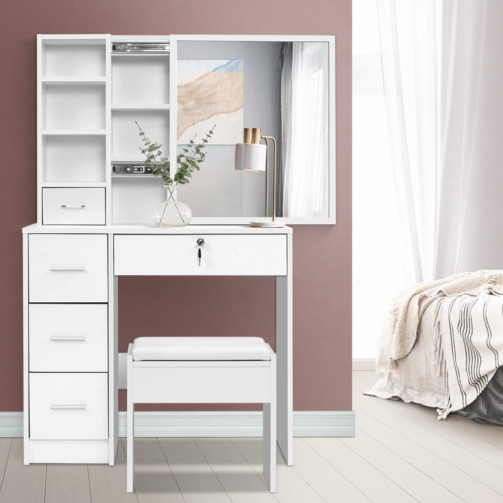 Artiss Dressing Table Set featuring a sliding mirror, spacious drawers, and a well-padded stool in a sleek white finish.