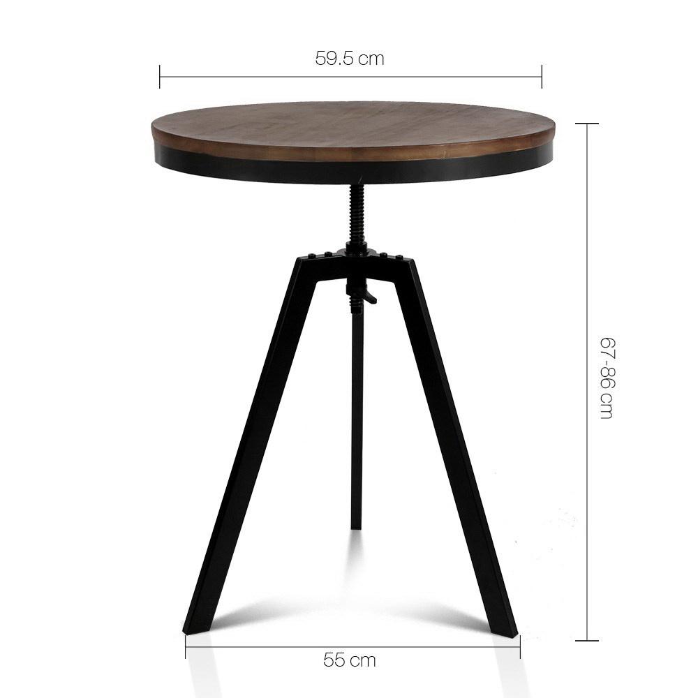 Artiss Elm Wood Round Dining Table in dark brown with a steel frame, showcasing its industrial design and adjustable height feature.