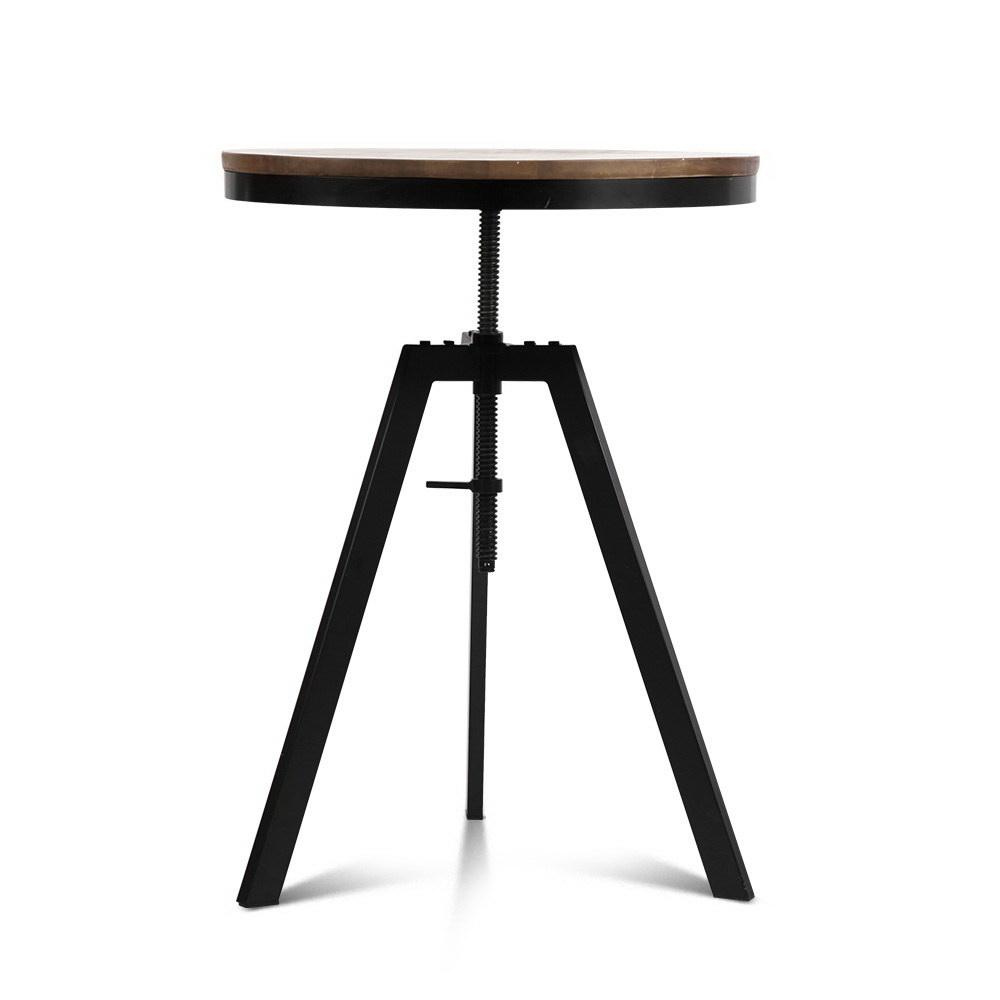 Artiss Elm Wood Round Dining Table in dark brown with a steel frame, showcasing its industrial design and adjustable height feature.