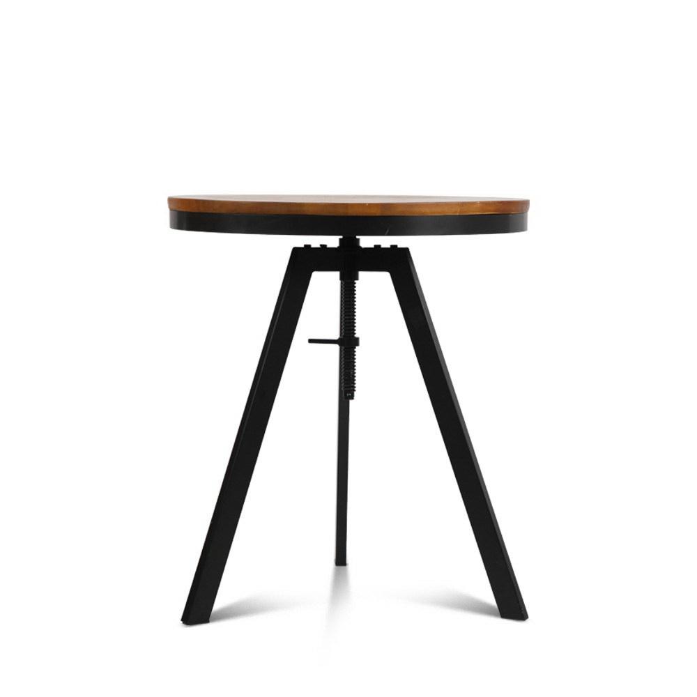 Artiss Elm Wood Round Dining Table in dark brown with a steel frame, showcasing its industrial design and adjustable height feature.