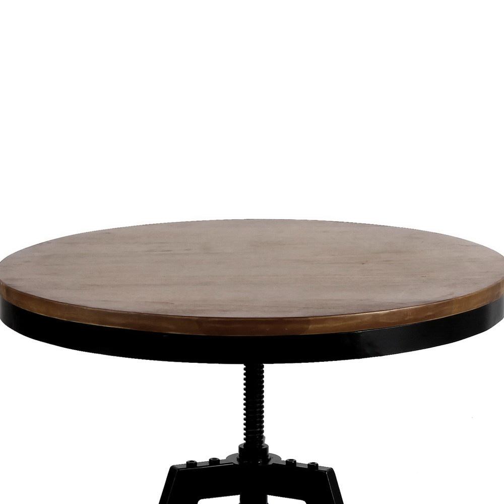 Artiss Elm Wood Round Dining Table in dark brown with a steel frame, showcasing its industrial design and adjustable height feature.