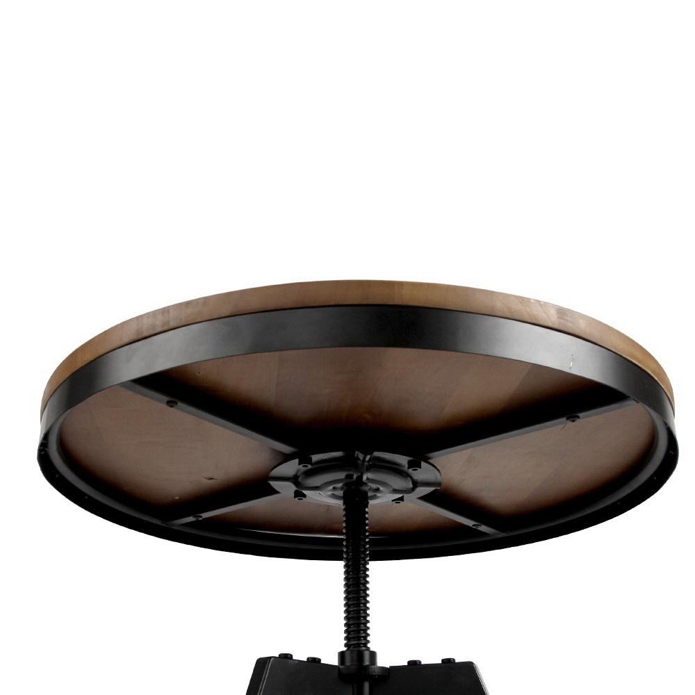 Artiss Elm Wood Round Dining Table in dark brown with a steel frame, showcasing its industrial design and adjustable height feature.