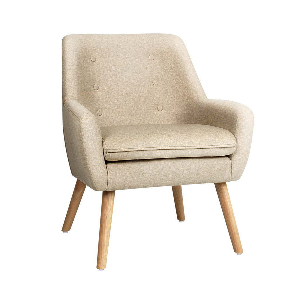 Artiss Fabric Dining Armchair in Beige with tufted backrest and rubber wood legs, showcasing a stylish retro design.