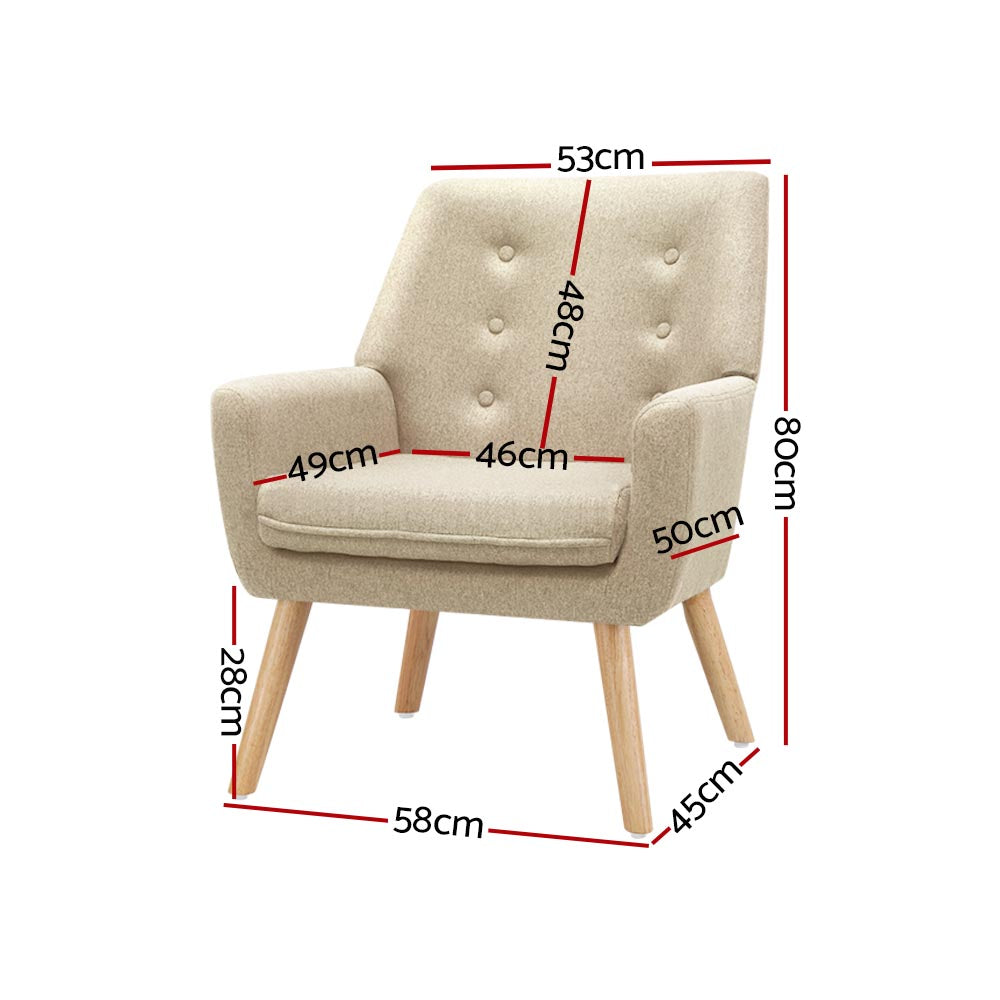 Artiss Fabric Dining Armchair in Beige with tufted backrest and rubber wood legs, showcasing a stylish retro design.