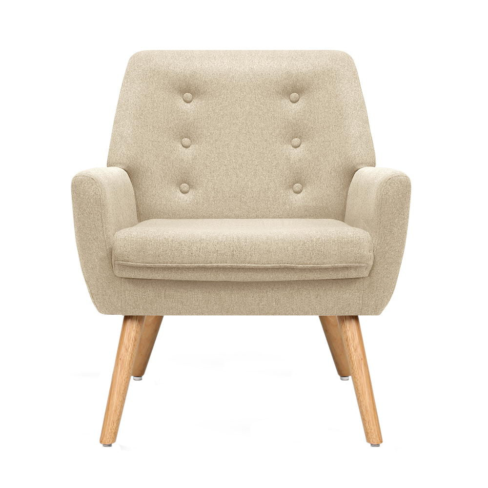 Artiss Fabric Dining Armchair in Beige with tufted backrest and rubber wood legs, showcasing a stylish retro design.