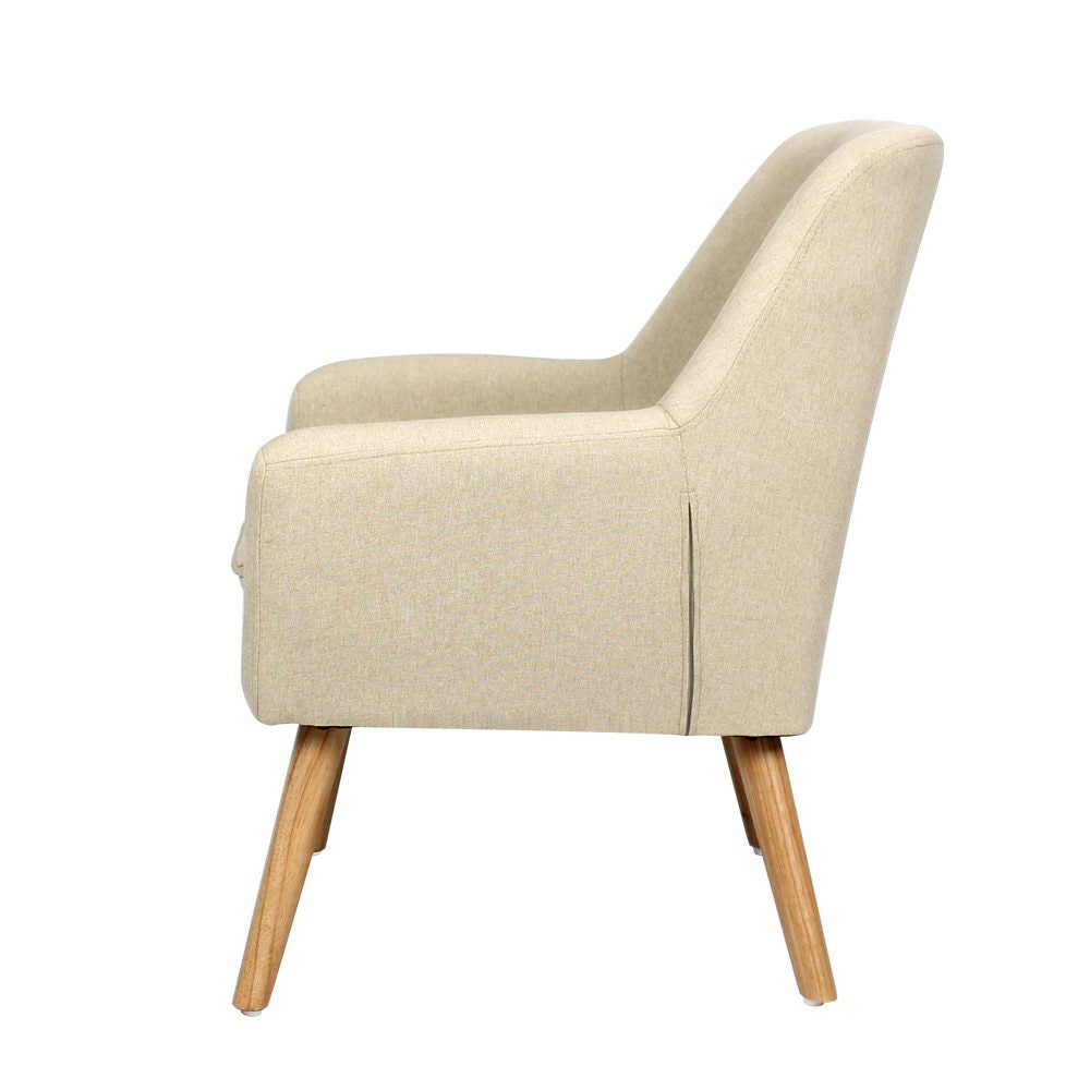 Artiss Fabric Dining Armchair in Beige with tufted backrest and rubber wood legs, showcasing a stylish retro design.