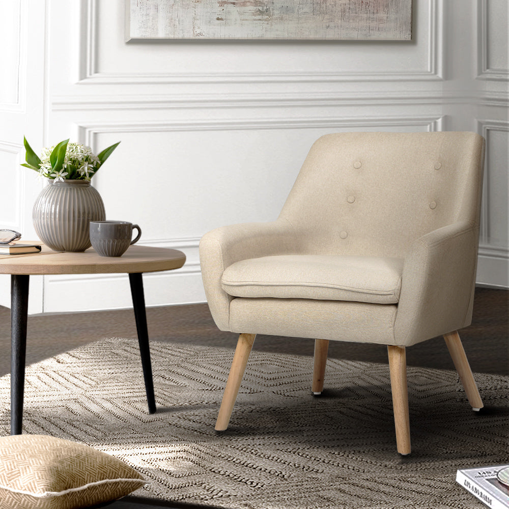 Artiss Fabric Dining Armchair in Beige with tufted backrest and rubber wood legs, showcasing a stylish retro design.