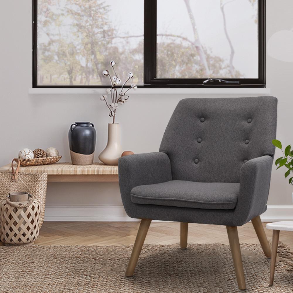 Artiss Fabric Dining Armchair in Grey featuring tufted backrest and sturdy rubber wood legs, designed for comfort and style.