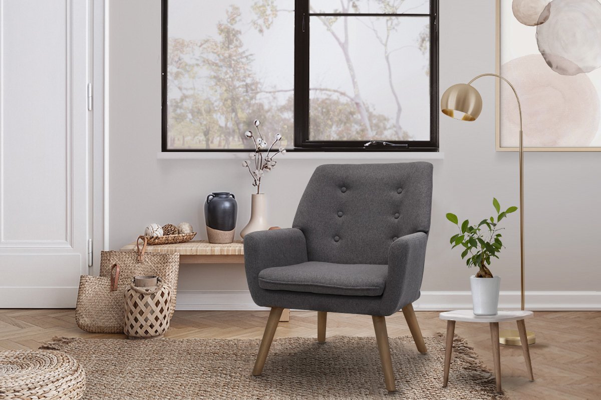 Artiss Fabric Dining Armchair in Grey featuring tufted backrest and sturdy rubber wood legs, designed for comfort and style.