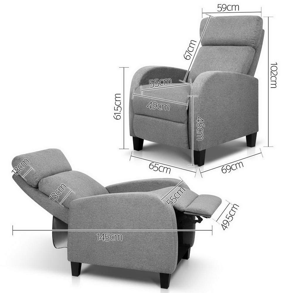 Artiss Fabric Reclining Armchair in Grey with adjustable reclining positions and thick cushion for comfort.