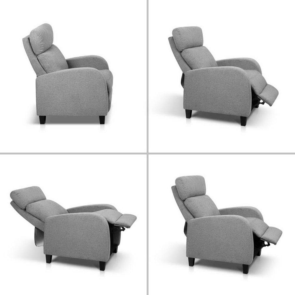 Artiss Fabric Reclining Armchair in Grey with adjustable reclining positions and thick cushion for comfort.