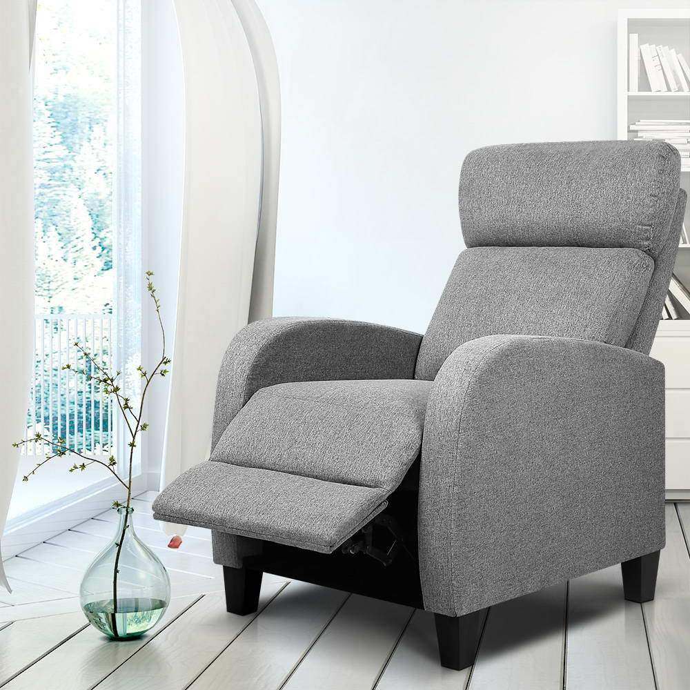 Artiss Fabric Reclining Armchair in Grey with adjustable reclining positions and thick cushion for comfort.