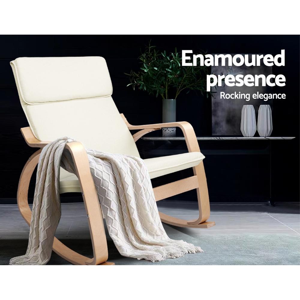 Artiss Fabric Rocking Armchair in Beige with ergonomic design and soft cotton upholstery, featuring a sturdy bentwood frame.