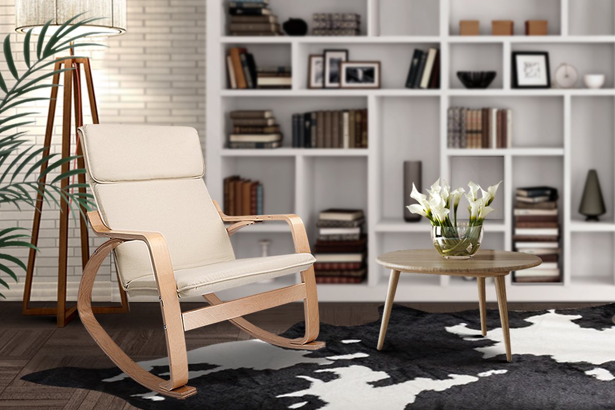 Artiss Fabric Rocking Armchair in Beige with ergonomic design and soft cotton upholstery, featuring a sturdy bentwood frame.