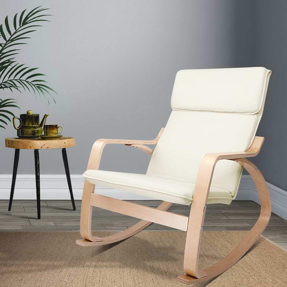 Artiss Fabric Rocking Armchair in Beige with ergonomic design and soft cotton upholstery, featuring a sturdy bentwood frame.