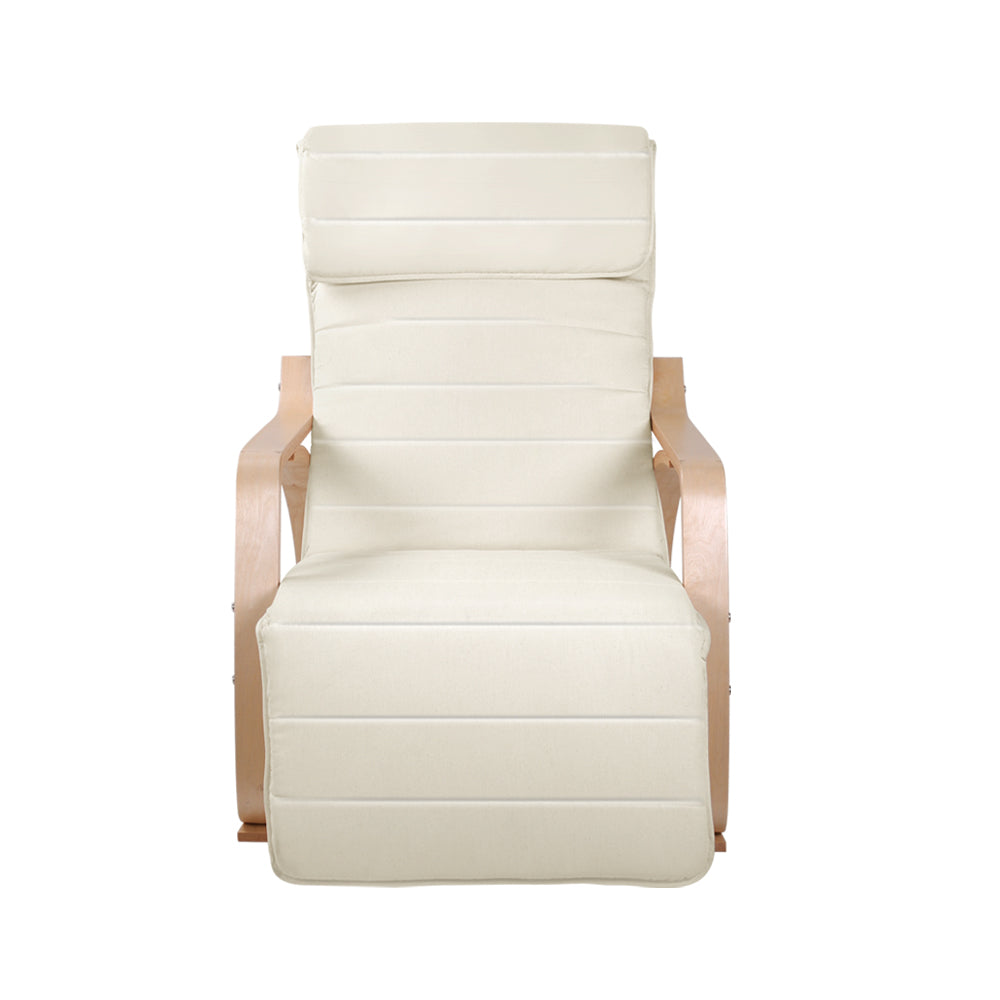 Artiss Fabric Rocking Armchair in beige with adjustable footrest, showcasing its ergonomic design and soft cotton fabric.