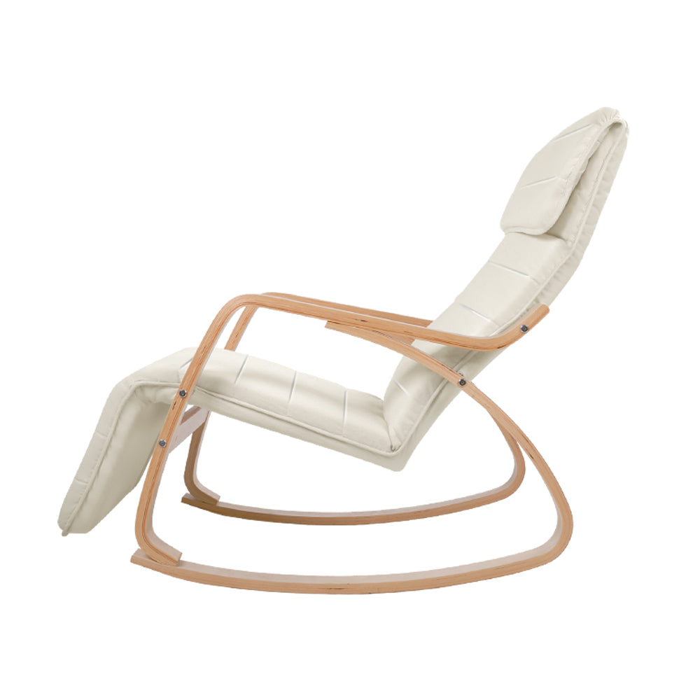 Artiss Fabric Rocking Armchair in beige with adjustable footrest, showcasing its ergonomic design and soft cotton fabric.